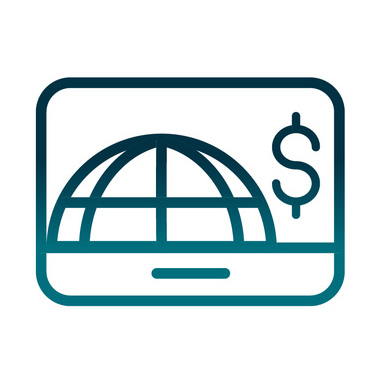 icon of computer screen with world and dollar bill sign
