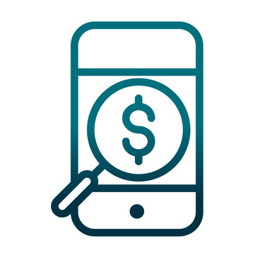 Cellphone icon with a dollar bill sign and magnifying glass